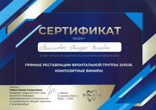 Сертификат Тамилович Гельнура Вильевна.