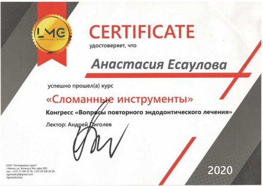 Сертификат Есаулова Анастасия Николаевна